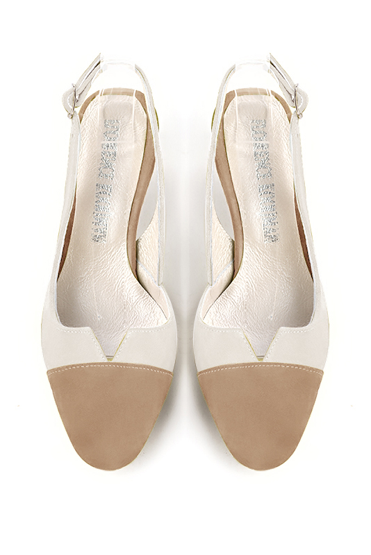 Tan beige and off white women's slingback shoes. Round toe. Medium comma heels. Top view - Florence KOOIJMAN